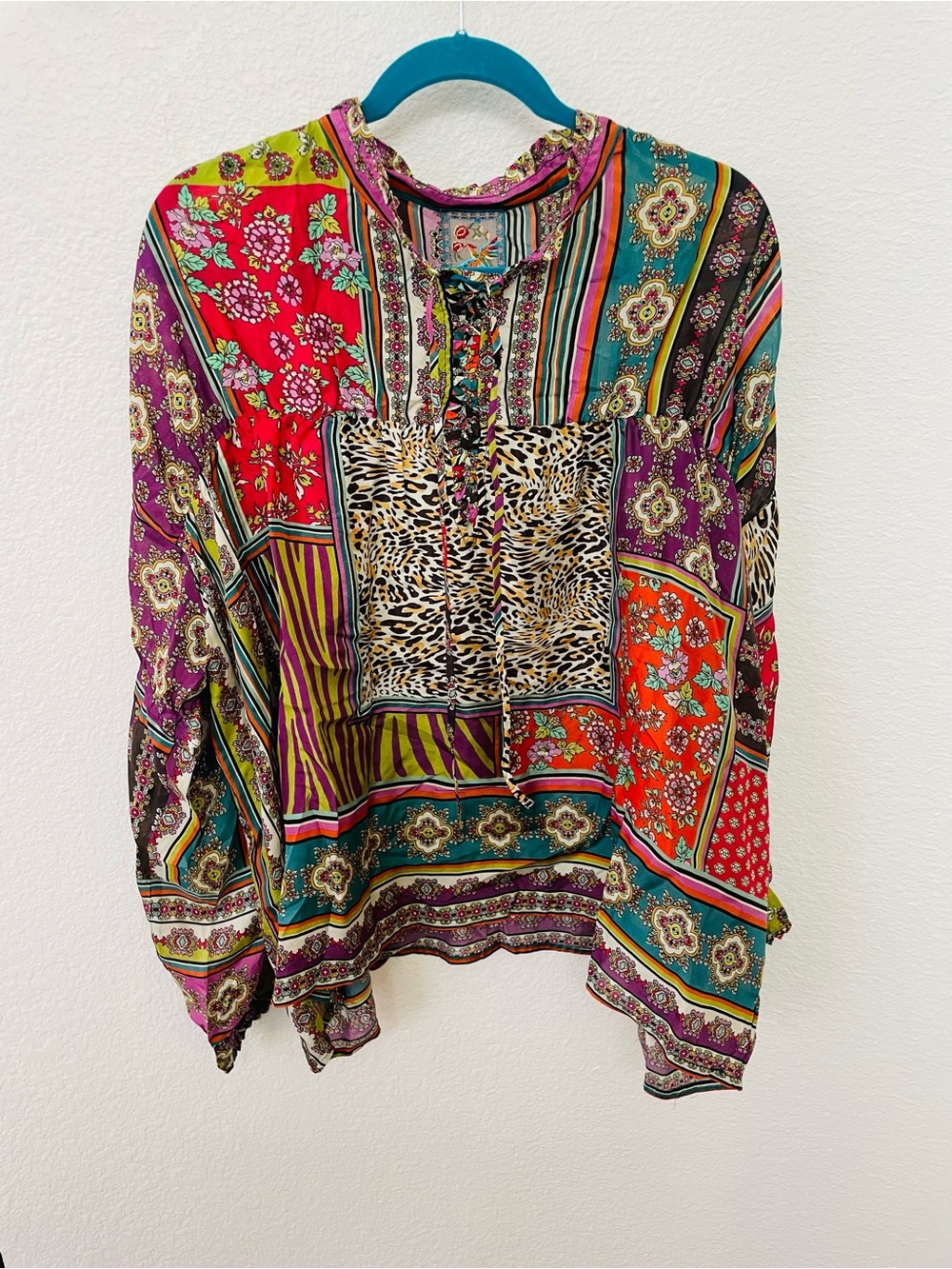 Johnny Was Multi-Color Patchwork Lace-Up Tunic